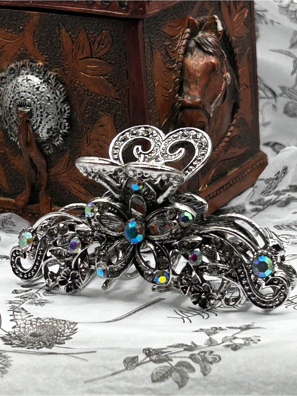 Elegant Floral Crystal Hair Clip - Iridescent Accents - Silver